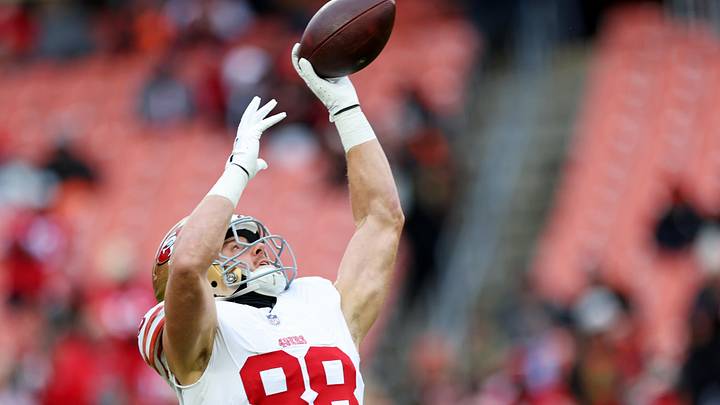 Nov 30, 2025; Cleveland, Ohio, USA;  San Francisco 49ers tight end Jake Tonges (88) warms up before the game against the Cleveland Browns at Huntington Bank Field. Mandatory Credit: Scott Galvin-Imagn Images