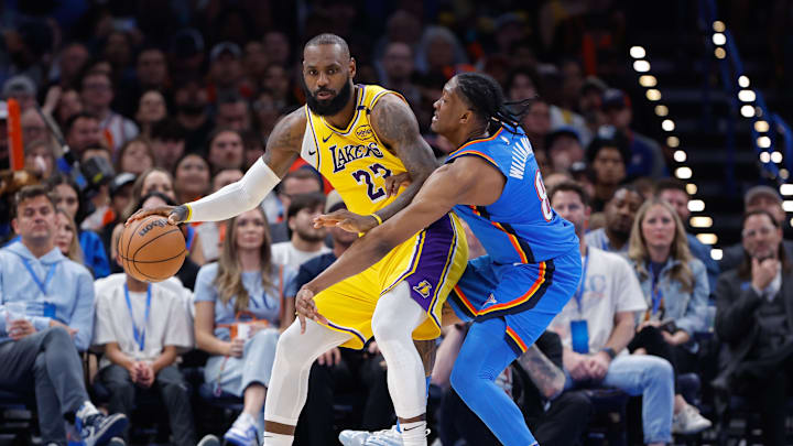 Apr 8, 2025; Oklahoma City, Oklahoma, USA; Oklahoma City Thunder forward Jalen Williams (8) defends Los Angeles Lakers forward LeBron James (23) during the second half at Paycom Center. Mandatory Credit: Alonzo Adams-Imagn Images