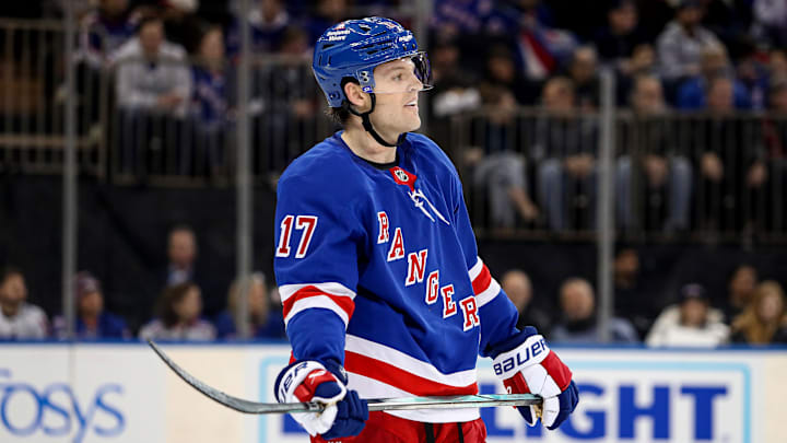 Jan 18, 2025; New York, New York, USA; New York Rangers defenseman Will Borgen (17) skates against the Columbus Blue Jackets during the second period at Madison Square Garden. Mandatory Credit: Danny Wild-Imagn Images