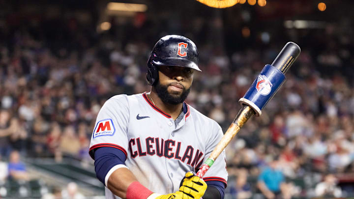 Aug 19, 2025; Phoenix, Arizona, USA; Cleveland Guardians first baseman Carlos Santana against the Arizona Diamondbacks at Chase Field. 