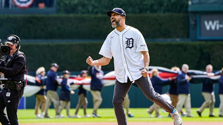 Keegan-Michael Key throws ceremonial first pitch during Detroit Tigers home opening day against Chicago White Sox at Comerica Park in Detroit on Friday, April 4, 2025.