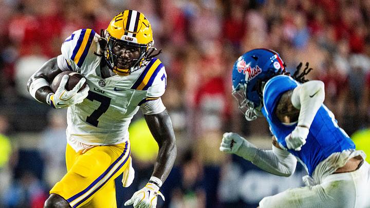 LSU tight end Trey'Dez Green (7) carries the ball during a college football game between Ole Miss and LSU at Vaught Hemingway Stadium in Oxford, Miss., on Saturday, Sept. 19, 2026.