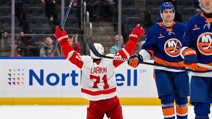 Nov 25, 2024; Elmont, New York, USA;  Detroit Red Wings center Dylan Larkin (71) celebrates his goal against the New York Islanders during the third period at UBS Arena. Mandatory Credit: Dennis Schneidler-Imagn Images