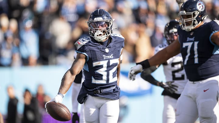 Jan 7, 2024; Nashville, Tennessee, USA;  Tennessee Titans running back Tyjae Spears (32) celebrates in the season finale against the Jacksonville Jaguars.