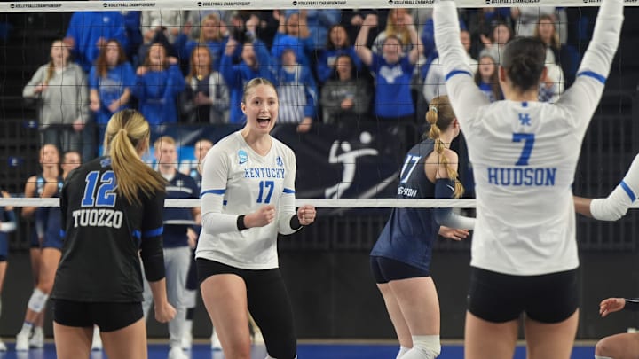 Kentucky's outside hitter Brooklyn Deleye (17) celebrates scoring against Creighton in the match to get to the Final Four.
Dec. 13, 2025 Kentucky's outside hitter Brooklyn Deleye (17) celebrates scoring against Creighton in the match to get to the Final Four.
Dec. 13, 2025