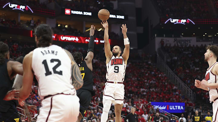 May 4, 2025; Houston, Texas, USA; /Houston Rockets forward Dillon Brooks (9) shoots the ball during game seven of the first round for the 2025 NBA Playoffs against the Golden State Warriors at Toyota Center. Mandatory Credit: Troy Taormina-Imagn Images
