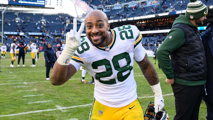 Dec 4, 2022; Chicago, Illinois, USA; Green Bay Packers running back A.J. Dillon (28) poses for a