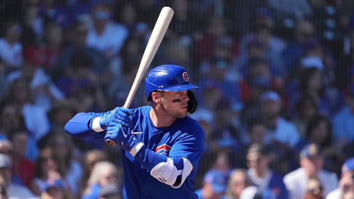 Mar 4, 2023; Mesa, Arizona, USA; Chicago Cubs shortstop Nico Hoerner (2) bats against the Los
