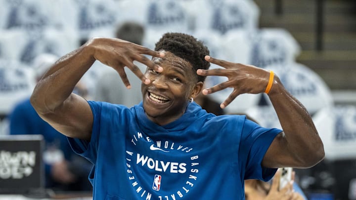 May 14, 2025; Minneapolis, Minnesota, USA; Minnesota Timberwolves guard Anthony Edwards (5) on the court during warmups prior to game five of the second round for the 2025 NBA Playoffs against the Golden State Warriors at Target Center. Mandatory Credit: Jesse Johnson-Imagn Images May 14, 2025; Minneapolis, Minnesota, USA; Minnesota Timberwolves guard Anthony Edwards (5) on the court during warmups prior to game five of the second round for the 2025 NBA Playoffs against the Golden State Warriors at Target Center. Mandatory Credit: Jesse Johnson-Imagn Images