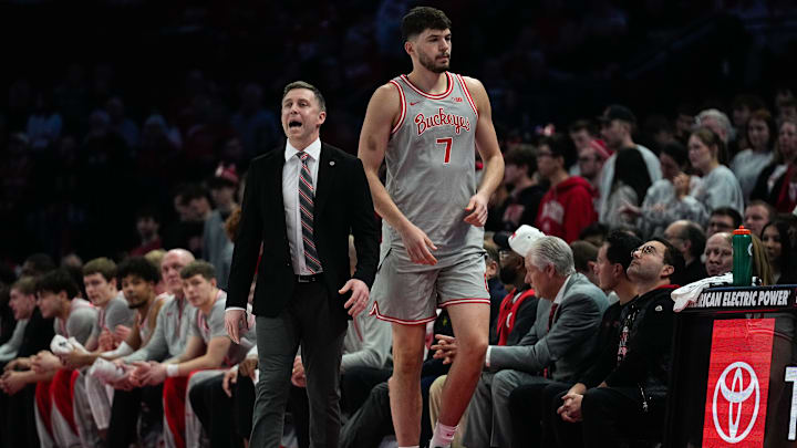 Ohio State Buckeyes head coach Jake Diebler reacts in the first half of the NCAA game at Value City Arena on Tuesday, Feb. 17, 2026 in Columbus, Ohio.