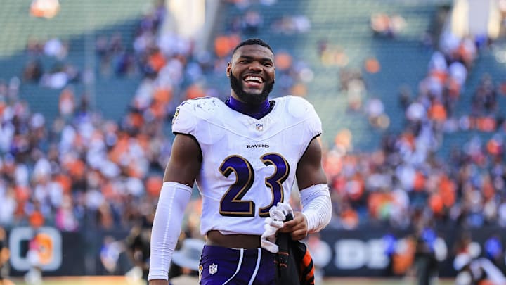 Oct 6, 2024; Cincinnati, Ohio, USA; Baltimore Ravens linebacker Trenton Simpson (23) reacts after the victory over the Cincinnati Bengals at Paycor Stadium. Mandatory Credit: Katie Stratman-Imagn Images