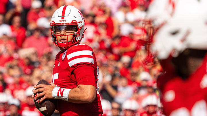 Sep 13, 2025; Lincoln, Nebraska, USA; Nebraska Cornhuskers quarterback Dylan Raiola (15) looks to pass against the Houston Christian Huskies during the first quarter at Memorial Stadium. Mandatory Credit: Dylan Widger-Imagn Images