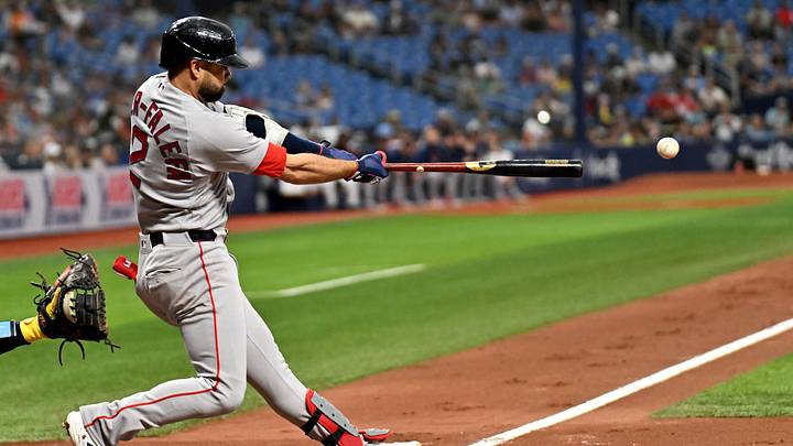 Jun 9, 2026; St. Petersburg, Florida, USA; Boston Red Sox second baseman Isiah Kiner-Falefa (2) hits a double in the third inning against the Tampa Bay Rays at Tropicana Field. Mandatory Credit: Jonathan Dyer-Imagn Images Jun 9, 2026; St. Petersburg, Florida, USA; Boston Red Sox second baseman Isiah Kiner-Falefa (2) hits a double in the third inning against the Tampa Bay Rays at Tropicana Field. Mandatory Credit: Jonathan Dyer-Imagn Images