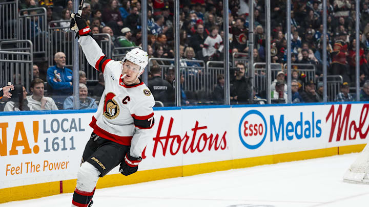 Mar 9, 2026; Vancouver, British Columbia, CAN; Ottawa Senators forward Brady Tkachuk (7) celebrates his goal against the Vancouver Canucks in the third period at Rogers Arena. Mandatory Credit: Bob Frid-Imagn Images