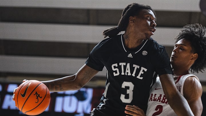 Feb 25, 2025; Tuscaloosa, Alabama, USA; Mississippi State Bulldogs forward KeShawn Murphy (3) dribbles against Alabama Crimson Tide guard Aden Holloway (2) during the first half at Coleman Coliseum. Mandatory Credit: Will McLelland-Imagn Images Feb 25, 2025; Tuscaloosa, Alabama, USA; Mississippi State Bulldogs forward KeShawn Murphy (3) dribbles against Alabama Crimson Tide guard Aden Holloway (2) during the first half at Coleman Coliseum. Mandatory Credit: Will McLelland-Imagn Images