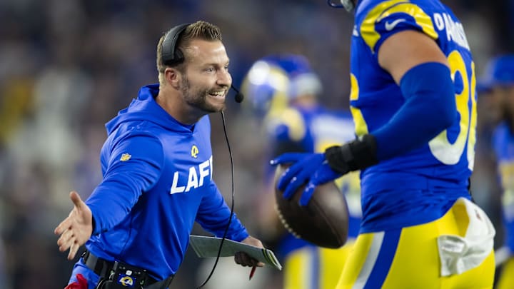 Jan 13, 2025; Glendale, AZ, USA; Los Angeles Rams head coach Sean McVay celebrates a touchdown against the Minnesota Vikings during an NFC wild card game at State Farm Stadium. Mandatory Credit: Mark J. Rebilas-Imagn Images