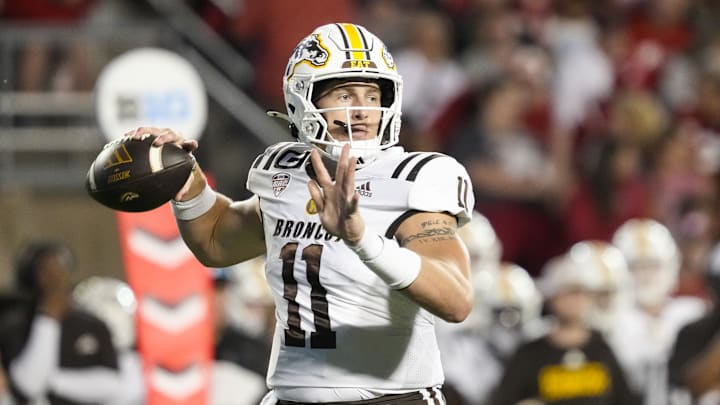 Aug 30, 2024; Madison, Wisconsin, USA; Western Michigan Broncos quarterback Hayden Wolff (11) throws a pass during the second quarter against the Wisconsin Badgers at Camp Randall Stadium. Mandatory Credit: Jeff Hanisch-Imagn Images Aug 30, 2024; Madison, Wisconsin, USA; Western Michigan Broncos quarterback Hayden Wolff (11) throws a pass during the second quarter against the Wisconsin Badgers at Camp Randall Stadium. Mandatory Credit: Jeff Hanisch-Imagn Images