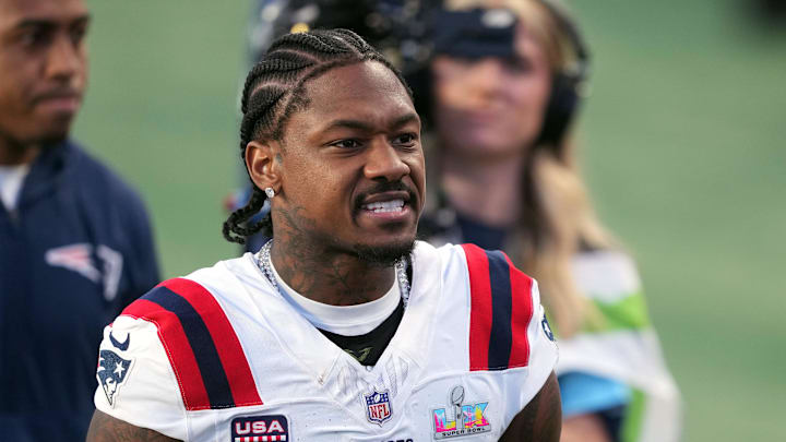 Feb 8, 2026; Santa Clara, CA, USA; New England Patriots wide receiver Stefon Diggs (8) during halftime against the Seattle Seahawks in Super Bowl LX at Levi's Stadium. Mandatory Credit: Darren Yamashita-Imagn Images