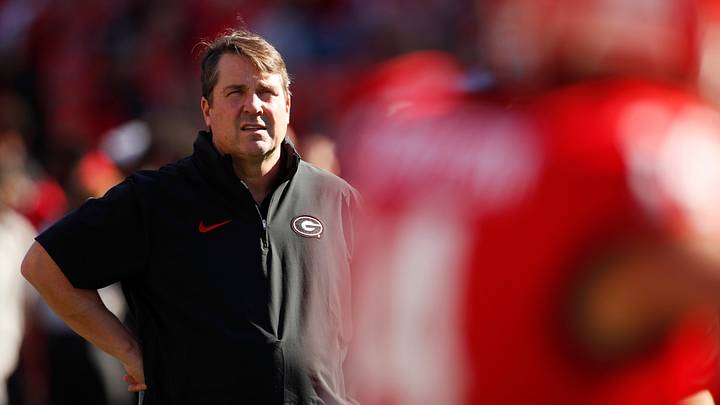 Georgia Co-Defensive Coordinator Will Muschamp looks on during warm ups before the start of a NCAA college football game against Missouri in Athens, Ga., on Saturday, Nov. 4, 2023. Georgia Co-Defensive Coordinator Will Muschamp looks on during warm ups before the start of a NCAA college football game against Missouri in Athens, Ga., on Saturday, Nov. 4, 2023.