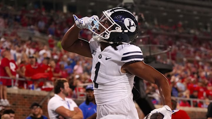 Keanu Hill celebrates a 2-point conversion against SMU.