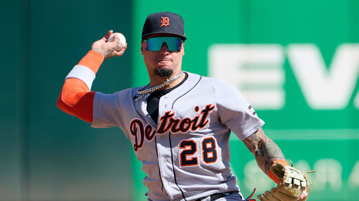 Sep 24, 2023; Oakland, California, USA; Detroit Tigers infielder Javier Baez (28) throws the ball
