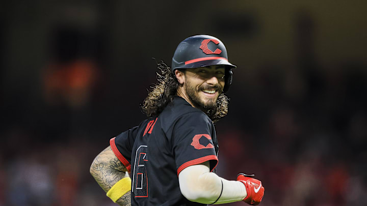 Cincinnati Reds second baseman Jonathan India (6) runs the bases after hitting a solo home run in the fourth inning against the Pittsburgh Pirates at Great American Ball Park in 2024.