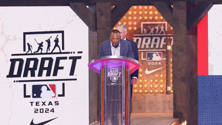 Jul 14, 2024; Ft. Worth, TX, USA;  Former Texas Rangers player Adrian Beltre starts the first round of the MLB Draft at Cowtown Coliseum. 