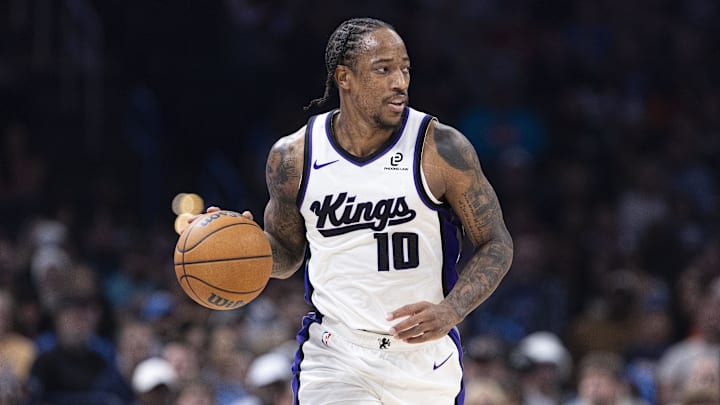 Nov 19, 2025; Oklahoma City, Oklahoma, USA; Sacramento Kings guard DeMar DeRozan (10) dribbles down the court against the Oklahoma City Thunder during the second quarter at Paycom Center. Mandatory Credit: Alonzo Adams-Imagn Images