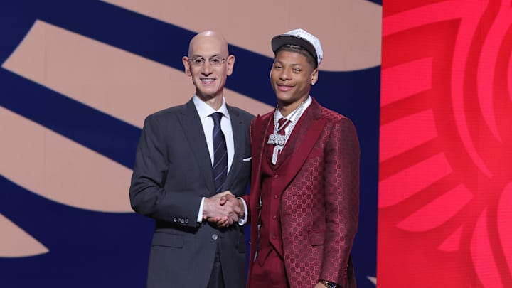 Jun 25, 2025; Brooklyn, NY, USA;  Jeremiah Fears stands with NBA commissioner Adam Silver after being selected as the seventh pick by the New Orleans Pelicans in the first round of the 2025 NBA Draft at Barclays Center. Mandatory Credit: Brad Penner-Imagn Images