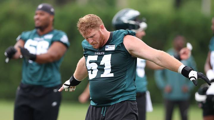 Jun 10, 2026; Philadelphia, PA, USA; Philadelphia Eagles center Cam Jurgens (51) warms up during minicamp at Jefferson Health Training Complex. Jun 10, 2026; Philadelphia, PA, USA; Philadelphia Eagles center Cam Jurgens (51) warms up during minicamp at Jefferson Health Training Complex.