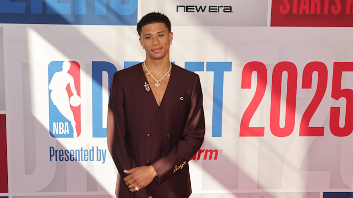 Jun 25, 2025; Brooklyn, NY, USA; Carter Bryant arrives before the first round of the 2025 NBA Draft at Barclays Center. Mandatory Credit: Brad Penner-Imagn Images