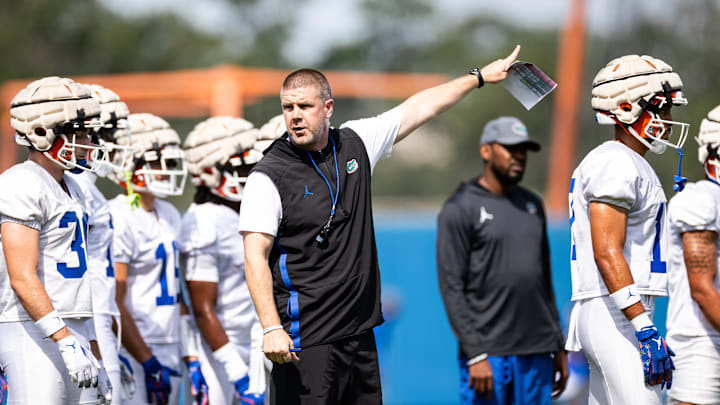 Florida Gators head coach Billy Napier gestures during fall football practice at Heavener Football Complex at the University of Florida in Gainesville, FL on Wednesday, July 31, 2024. [Matt Pendleton/Gainesville Sun]
