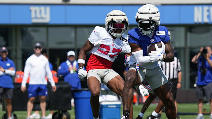 Jul 26, 2024; East Rutherford, NJ, USA; New York Giants wide receiver Malik Nabers (9) catches a pass during training camp at Quest Diagnostics Training Center. Mandatory Credit: Lucas Boland-USA TODAY Sports