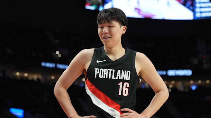 Feb 7, 2026; Portland, Oregon, USA; Portland Trail Blazers center Yang Hansen (16). Mandatory Credit: Soobum Im-Imagn Images Feb 7, 2026; Portland, Oregon, USA; Portland Trail Blazers center Yang Hansen (16). Mandatory Credit: Soobum Im-Imagn Images
