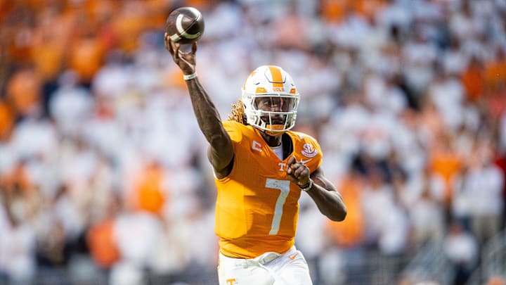 Tennessee quarterback Joe Milton III (7) throws the ball during a football game between Tennessee