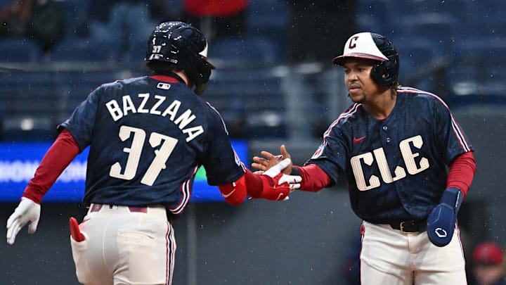 May 8, 2026; Cleveland, Ohio, USA; Cleveland Guardians second baseman Travis Bazzana (37) celebrates with third baseman Jose Ramirez (11) after hitting a home run during the first inning against the Minnesota Twins at Progressive Field. Mandatory Credit: Ken Blaze-Imagn Images