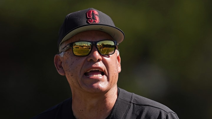 Mar 1, 2025; Stanford, CA, USA; Stanford Cardinal manager David Esquer before the game against the Xavier Musketeers at Sunken Diamond. Mandatory Credit: Darren Yamashita-Imagn Images