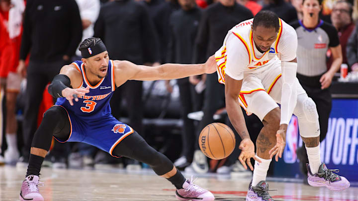 Apr 23, 2026; Atlanta, Georgia, USA; New York Knicks guard Josh Hart (3) has the ball stolen by Atlanta Hawks forward Jonathan Kuminga (0) in the fourth quarter during game three of the first round of the 2026 NBA Playoffs at State Farm Arena. Mandatory Credit: Brett Davis-Imagn Images