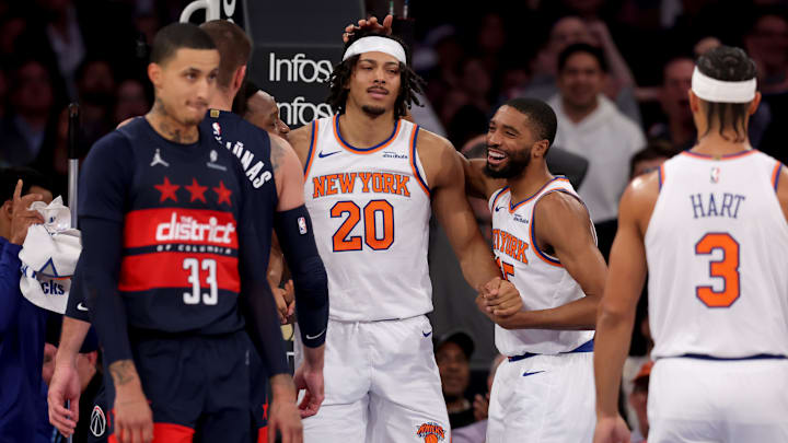 Nov 18, 2024; New York, New York, USA; New York Knicks forward Mikal Bridges (25) reacts after a dunk by center Jericho Sims (20) against the Washington Wizards during the second quarter at Madison Square Garden. Mandatory Credit: Brad Penner-Imagn Images Nov 18, 2024; New York, New York, USA; New York Knicks forward Mikal Bridges (25) reacts after a dunk by center Jericho Sims (20) against the Washington Wizards during the second quarter at Madison Square Garden. Mandatory Credit: Brad Penner-Imagn Images
