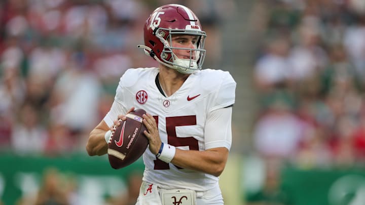 Sep 16, 2023; Tampa, Florida, USA;  Alabama Crimson Tide quarterback Ty Simpson (15) drops back to pass against the South Florida Bulls in the third quarter at Raymond James Stadium.