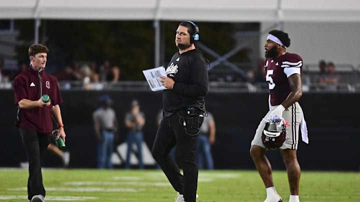 Sep 14, 2024; Starkville, Mississippi, USA; Mississippi State Bulldogs head coach Jeff Lebby walks onto the field during a time out during the second quarter of the game against the Toledo Rockets at Davis Wade Stadium at Scott Field. Mandatory Credit: Matt Bush-Imagn Images Sep 14, 2024; Starkville, Mississippi, USA; Mississippi State Bulldogs head coach Jeff Lebby walks onto the field during a time out during the second quarter of the game against the Toledo Rockets at Davis Wade Stadium at Scott Field. Mandatory Credit: Matt Bush-Imagn Images