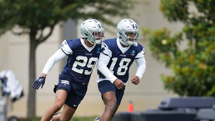 Dallas Cowboys cornerback Devin Moore (29) and defensive back Caleb Downs (18). Dallas Cowboys cornerback Devin Moore (29) and defensive back Caleb Downs (18).