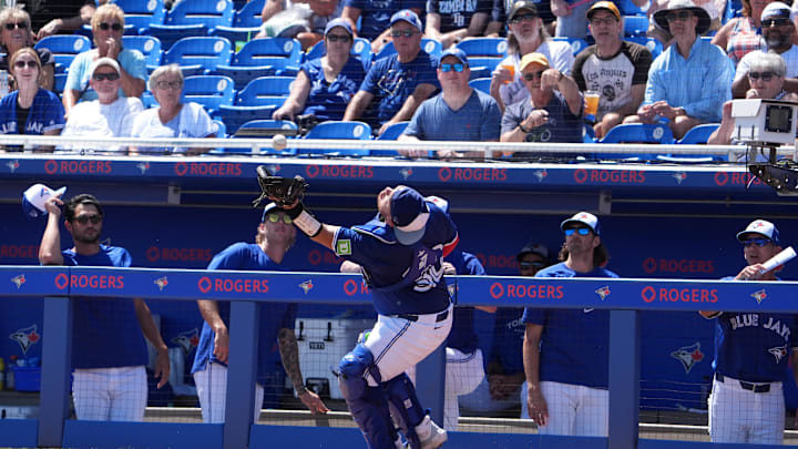Toronto Blue Jays catcher Alejandro Kirk (30) catches a foul ball hit by Detroit Tigers second baseman Eddys Leonard during the fourth inning at TD Ballpark in 2024. Toronto Blue Jays catcher Alejandro Kirk (30) catches a foul ball hit by Detroit Tigers second baseman Eddys Leonard during the fourth inning at TD Ballpark in 2024.