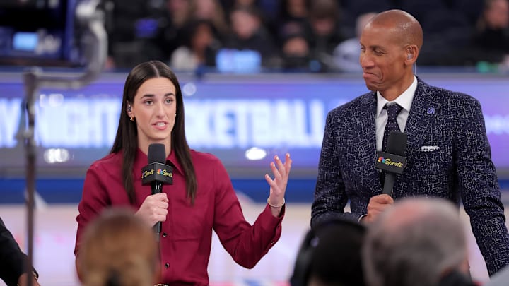 Feb 1, 2026; New York, New York, USA; WNBA star Caitlin Clark (left) and NBA former player Reggie Miller broadcast on the court for NBC before a game between the New York Knicks and the Los Angeles Lakers at Madison Square Garden. Mandatory Credit: Brad Penner-Imagn Images Feb 1, 2026; New York, New York, USA; WNBA star Caitlin Clark (left) and NBA former player Reggie Miller broadcast on the court for NBC before a game between the New York Knicks and the Los Angeles Lakers at Madison Square Garden. Mandatory Credit: Brad Penner-Imagn Images