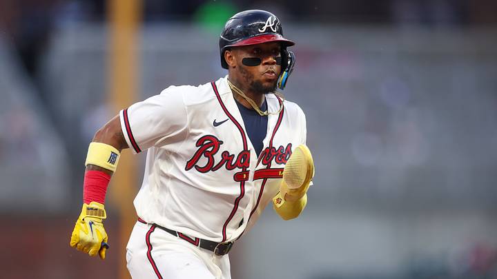 Aug 12, 2026; Atlanta, Georgia, USA; Atlanta Braves right fielder Ronald Acuna Jr. (13) runs to third against the New York Mets in the third inning at Truist Park. Mandatory Credit: Brett Davis-Imagn Images