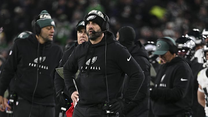 Dec 1, 2024; Baltimore, Maryland, USA; Philadelphia Eagles head coach Nick Sirianni  looks onto the field during the first half  against the Baltimore Ravens at M&T Bank Stadium. Mandatory Credit: Tommy Gilligan-Imagn Images