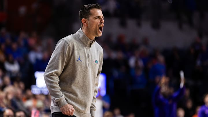 Feb 13, 2024; Gainesville, Florida, USA; Florida Gators head coach Todd Golden screams towards his