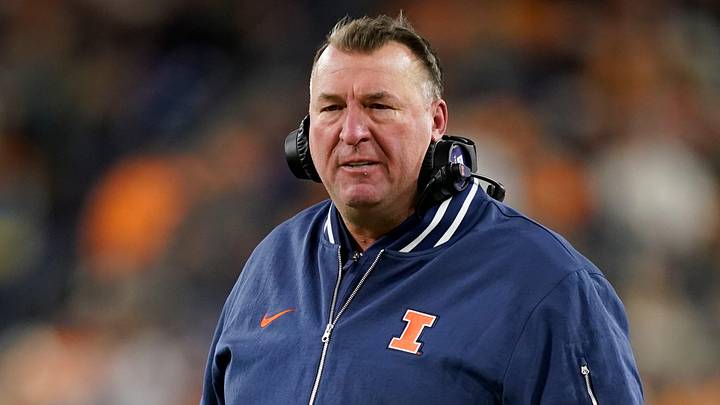Illinois coach Bret Bielema during the Music City Bowl against Tennessee in an NCAA college football game on Dec. 30, 2025, in Nashville, Tennessee.