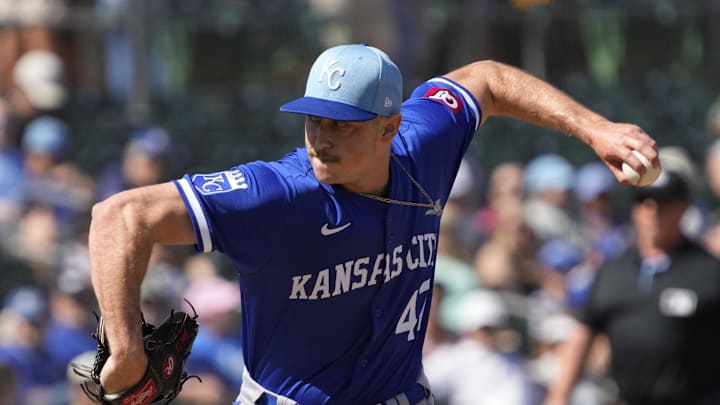 Mar 10, 2024; Mesa, Arizona, USA; Kansas City Royals pitcher Evan Sisk (47) throws in the second inning against the Oakland Athletics at Hohokam Stadium. Mandatory Credit: Rick Scuteri-Imagn Images Mar 10, 2024; Mesa, Arizona, USA; Kansas City Royals pitcher Evan Sisk (47) throws in the second inning against the Oakland Athletics at Hohokam Stadium. Mandatory Credit: Rick Scuteri-Imagn Images