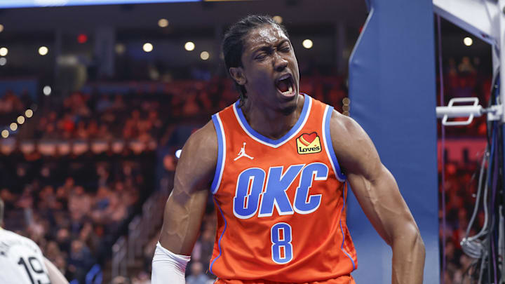 Dec 3, 2024; Oklahoma City, Oklahoma, USA; Oklahoma City Thunder forward Jalen Williams (8) celebrates after scoring against the Utah Jazz during the second quarter of an NBA Cup game at Paycom Center. Mandatory Credit: Alonzo Adams-Imagn Images Dec 3, 2024; Oklahoma City, Oklahoma, USA; Oklahoma City Thunder forward Jalen Williams (8) celebrates after scoring against the Utah Jazz during the second quarter of an NBA Cup game at Paycom Center. Mandatory Credit: Alonzo Adams-Imagn Images